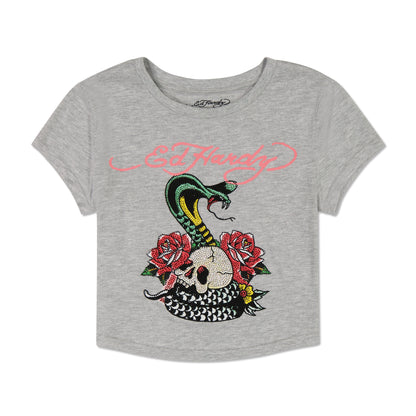 Rose Cobra Rhinestone Baby Tee HEATHER GREY | Ed Hardy