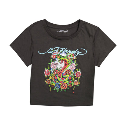 Cobra Roses Baby Tee CHARCOAL | Ed Hardy