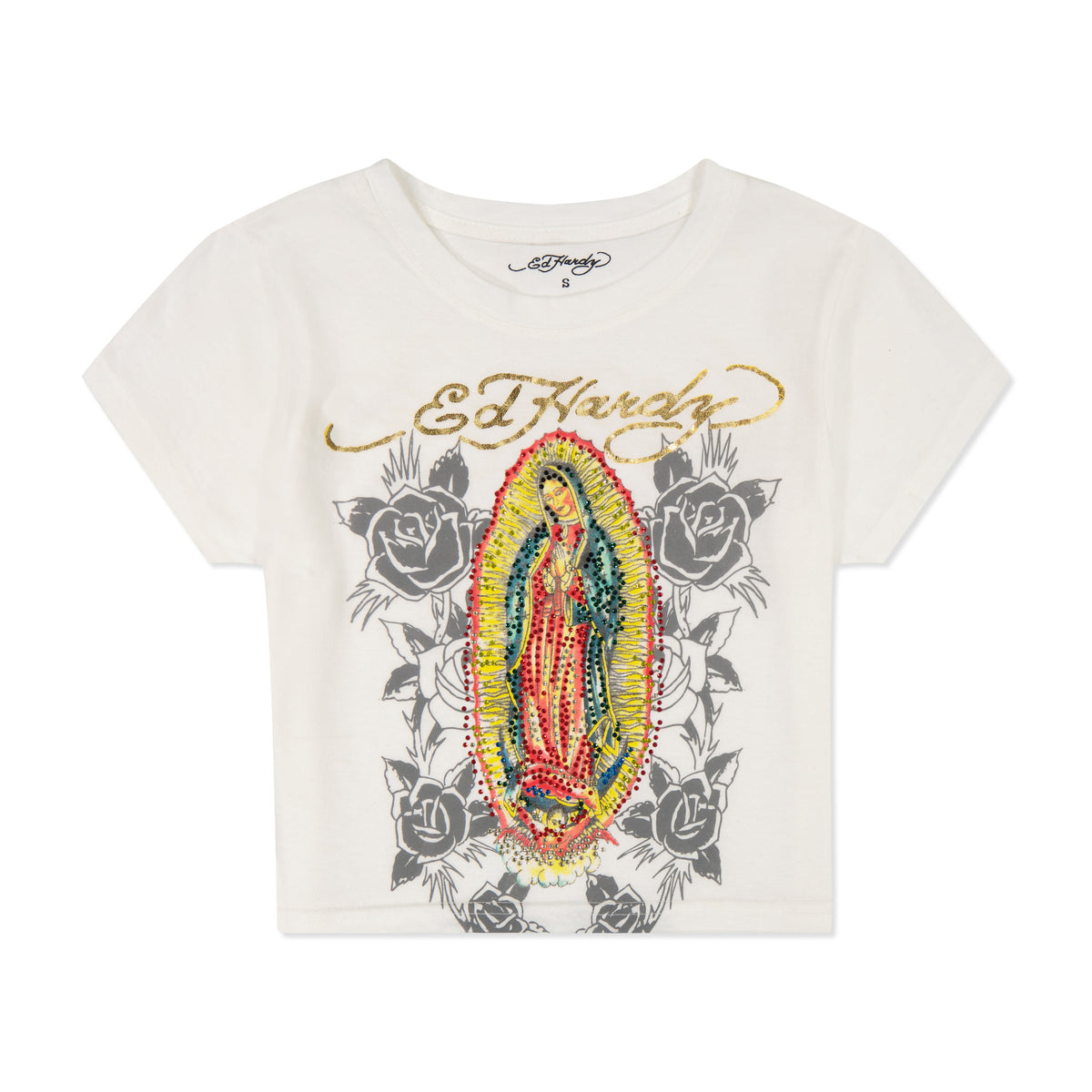 Rhinestone Mary Baby Tee White | Ed Hardy