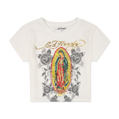 Rhinestone Mary Baby Tee White | Ed Hardy