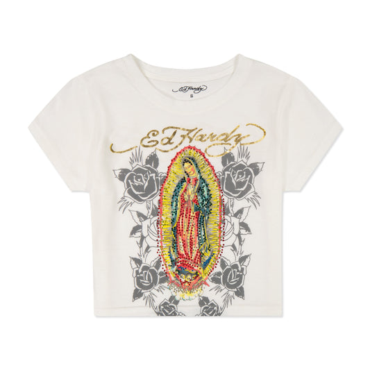 Rhinestone Mary Baby Tee White | Ed Hardy