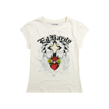 Cross Heart Rhinestone Fitted Tee | Women's Y2K Tee | Ed Hardy IVORY | Ed Hardy