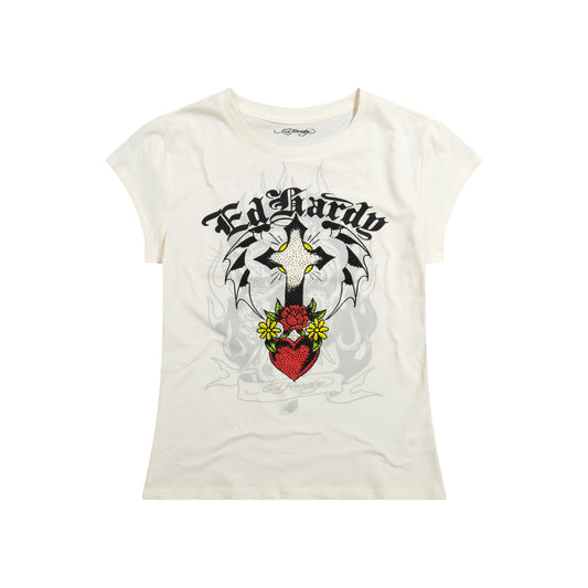 Cross Heart Rhinestone Fitted Tee | Women's Y2K Tee | Ed Hardy IVORY | Ed Hardy
