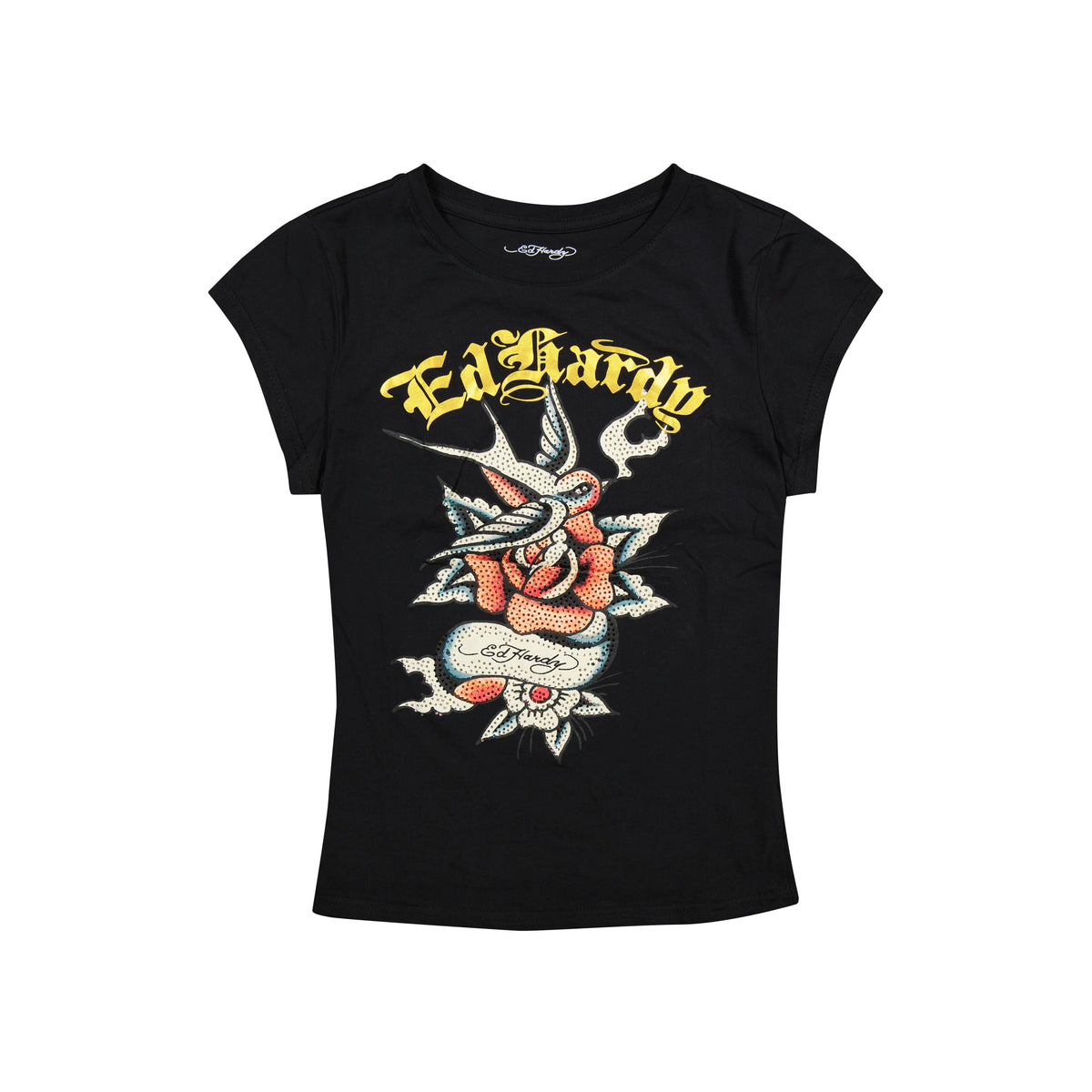 Swallow Rose Rhinestone Fitted Tee BLACK | Ed Hardy