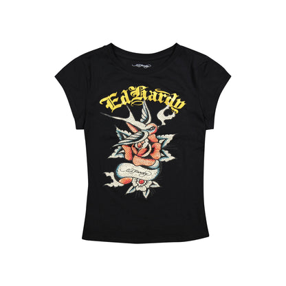 Swallow Rose Rhinestone Fitted Tee BLACK | Ed Hardy