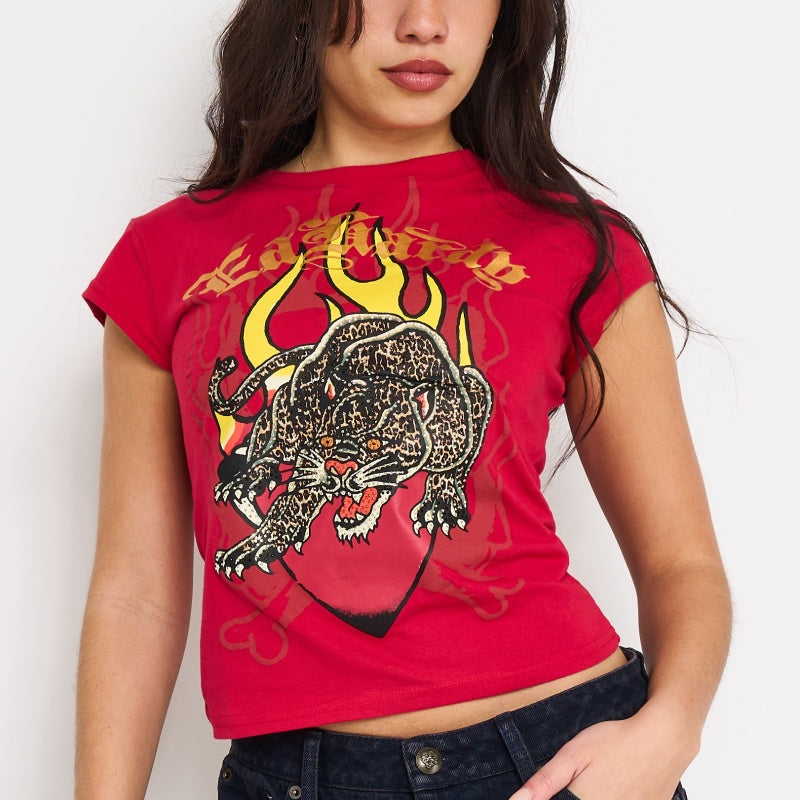 Leopard Panther Rhinestone Cap Sleeve | Women's Tee | Ed Hardy CHERRY | Ed Hardy