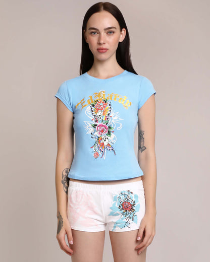 Flower Skulls Cap Sleeve Fitted Tee POWDER BLUE | Ed Hardy