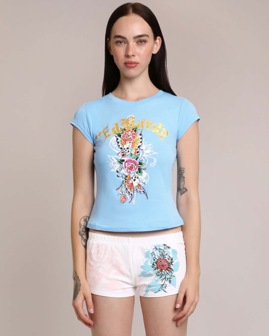 Flower Skulls Cap Sleeve Fitted Tee POWDER BLUE | Ed Hardy