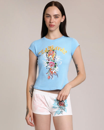 Flower Skulls Cap Sleeve Fitted Tee POWDER BLUE | Ed Hardy