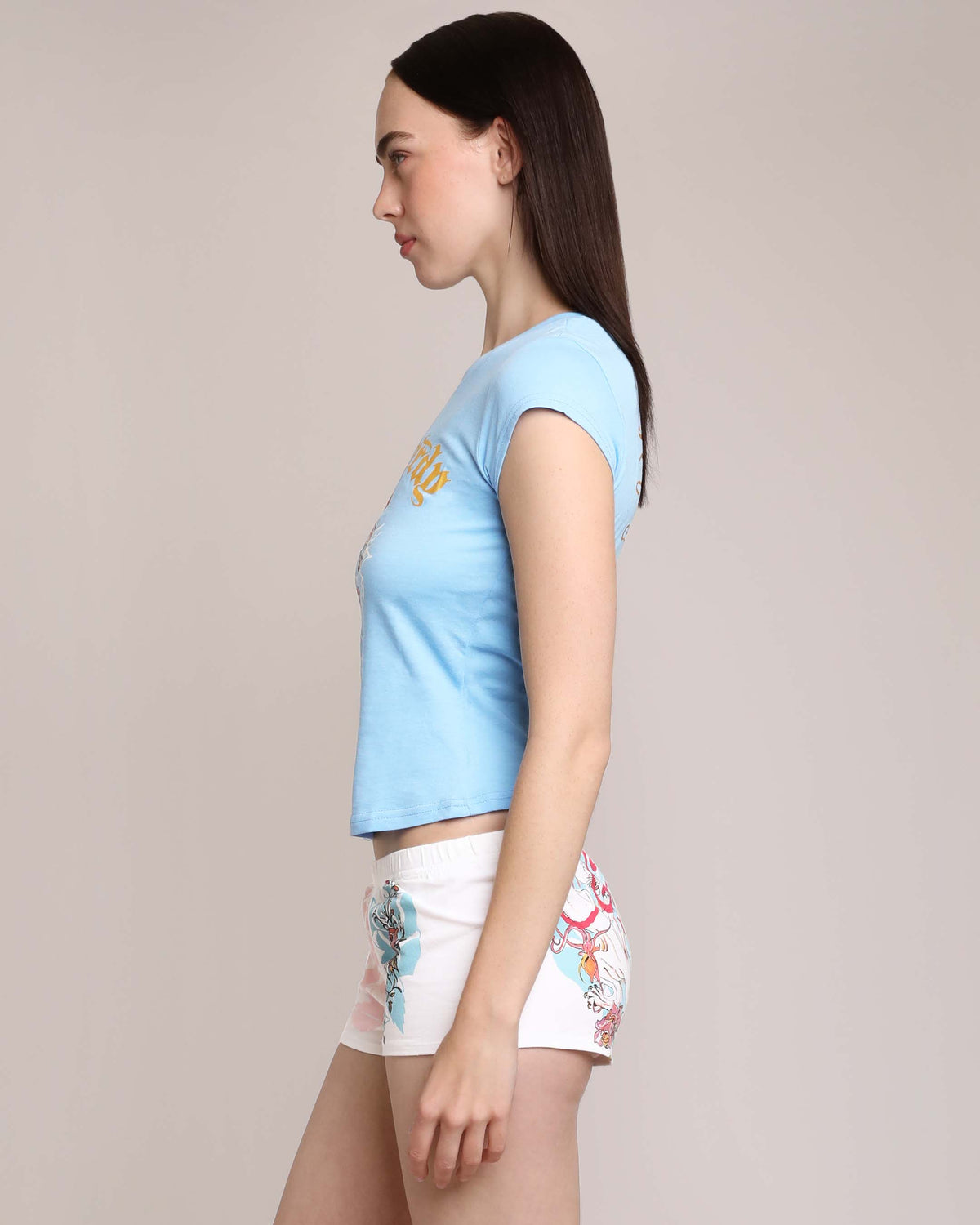 Flower Skulls Cap Sleeve Fitted Tee POWDER BLUE | Ed Hardy