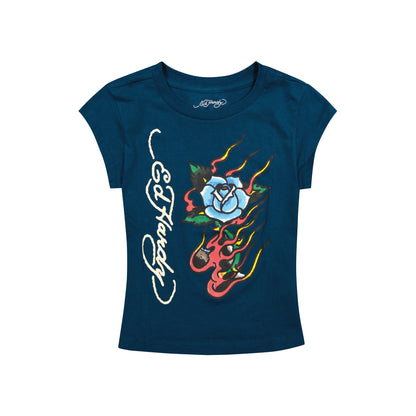 Flame Rose Cap Sleeve Tee SAPPHIRE | Ed Hardy