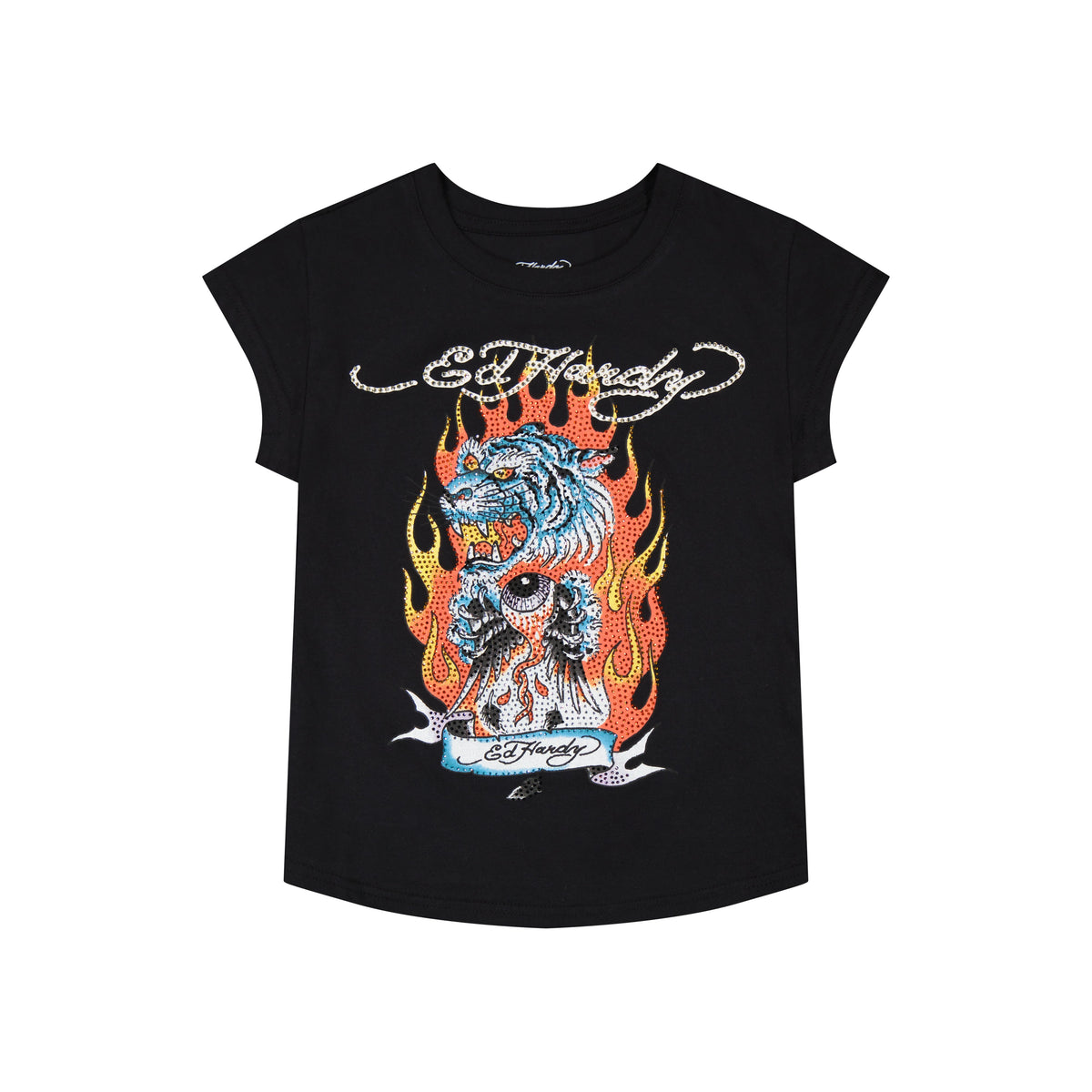 Fire Tiger Rhinestone Cap Sleeve Tee BLACK | Ed Hardy