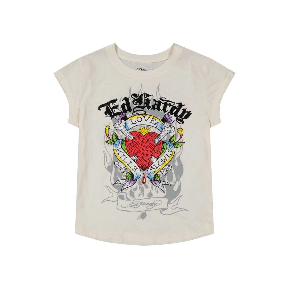 LKS Heart Rhinestone Cap Sleeve Tee IVORY | Ed Hardy