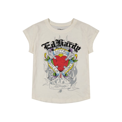 LKS Heart Rhinestone Cap Sleeve Tee IVORY | Ed Hardy
