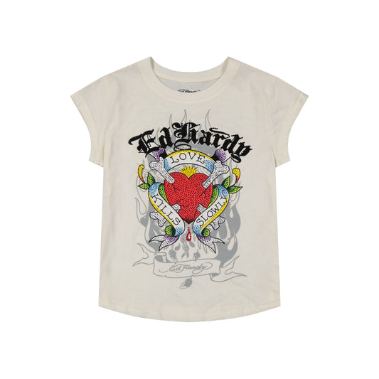 LKS Heart Rhinestone Cap Sleeve Tee IVORY | Ed Hardy