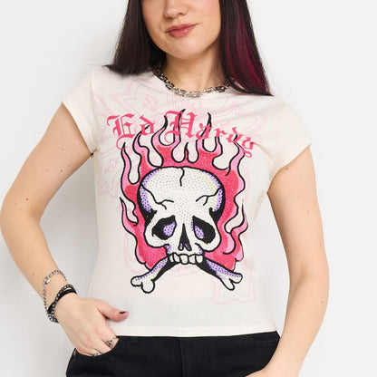 Pink Flame Skull Cap Sleeve | Women's Y2K Tee | Ed Hardy IVORY | Ed Hardy