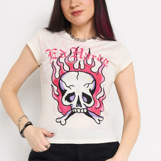 Pink Flame Skull Cap Sleeve | Women's Y2K Tee | Ed Hardy IVORY | Ed Hardy
