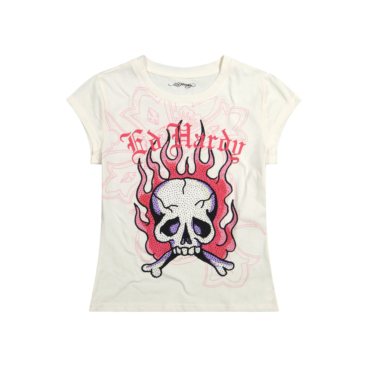 Pink Flame Skull Cap Sleeve | Women's Y2K Tee | Ed Hardy IVORY | Ed Hardy