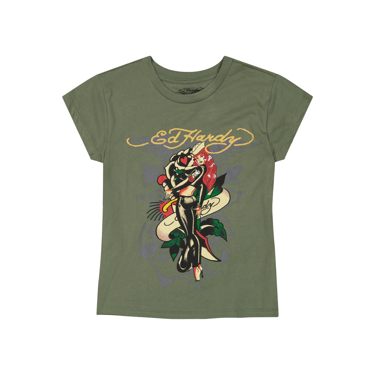 Sailor Girl Cap Sleeve Tee LT OLIVE | Ed Hardy