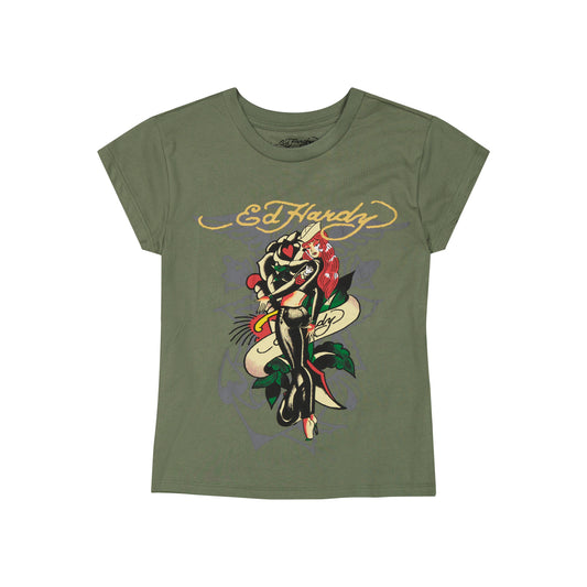 Sailor Girl Cap Sleeve Tee LT OLIVE | Ed Hardy