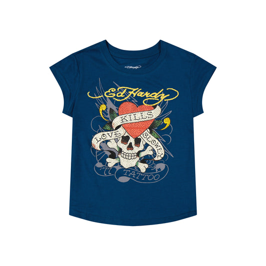 LKS Skull Rhinestone Cap Sleeve Tee SAPPHIRE | Ed Hardy