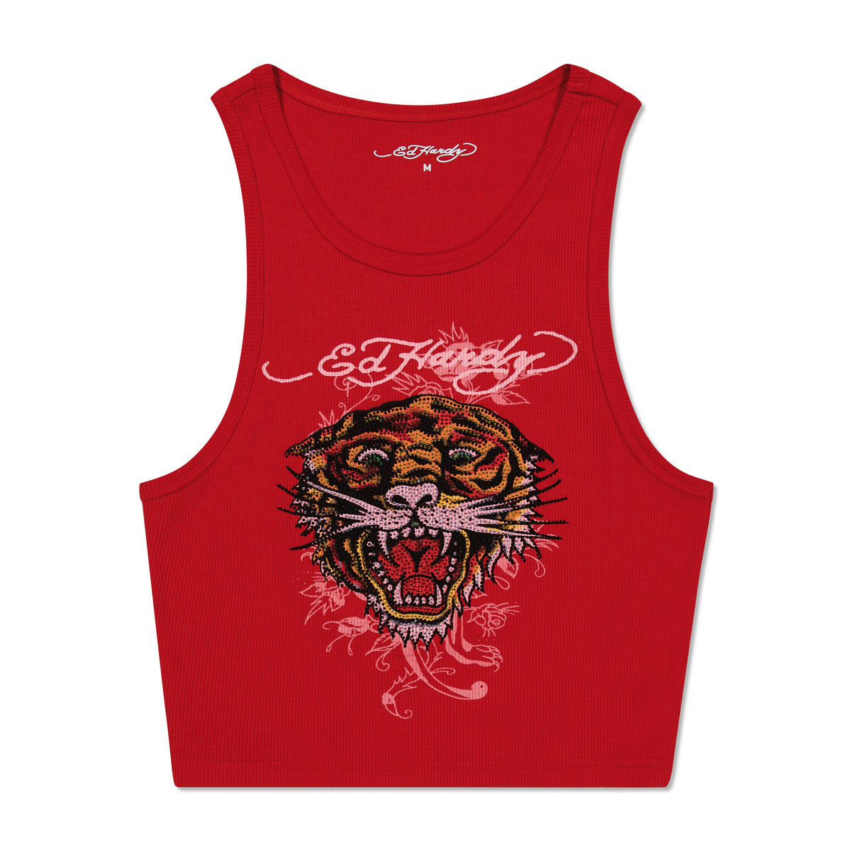 Rhinestone Tiger Rib Knit Tank Red | Ed Hardy