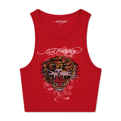 Rhinestone Tiger Rib Knit Tank Red | Ed Hardy