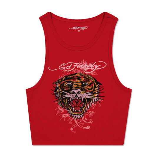 Rhinestone Tiger Rib Knit Tank Red | Ed Hardy