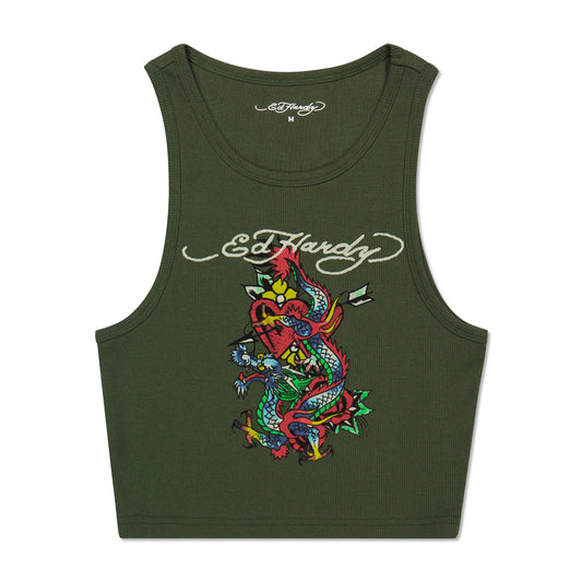 Dragon Heart Rib Knit Tank Olive | Ed Hardy