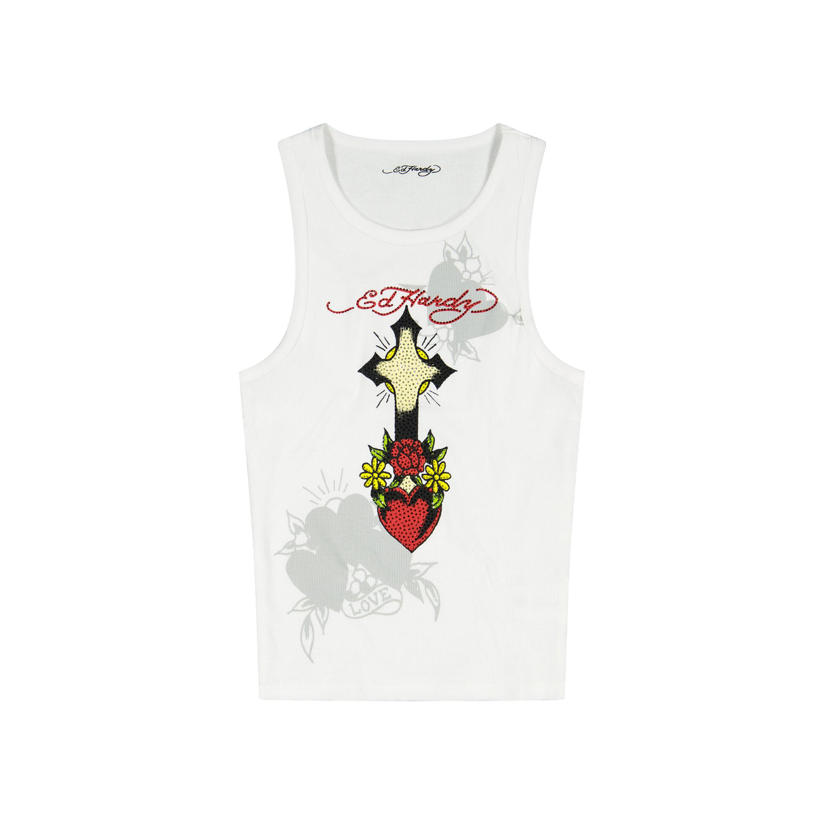 Cross Heart Rhinestone Tank Top | Women's Tank Top | Ed Hardy WHITE | Ed Hardy