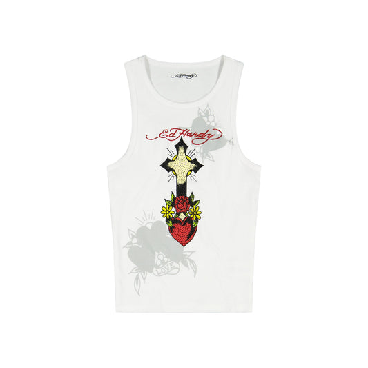 Cross Heart Rhinestone Tank Top | Women's Tank Top | Ed Hardy WHITE | Ed Hardy