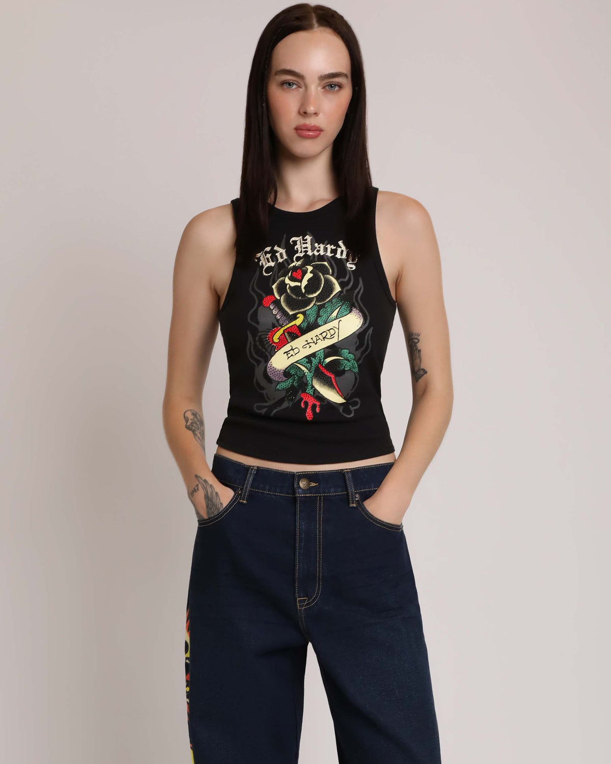 Black Rose Rhinestone Tank BLACK | Ed Hardy