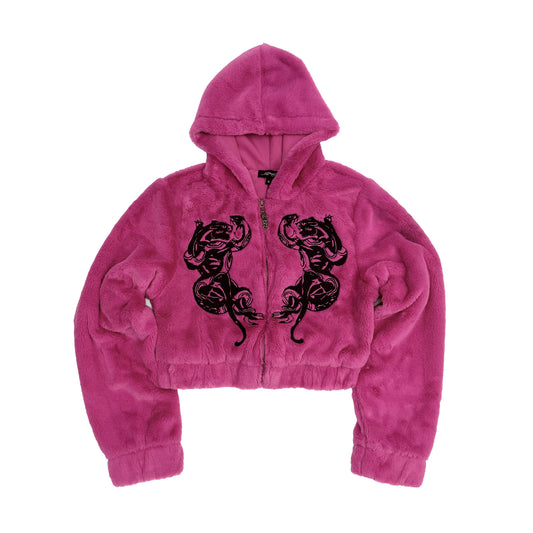 Panthers Faux Fur Hooded Jacket HOT PINK | Ed Hardy
