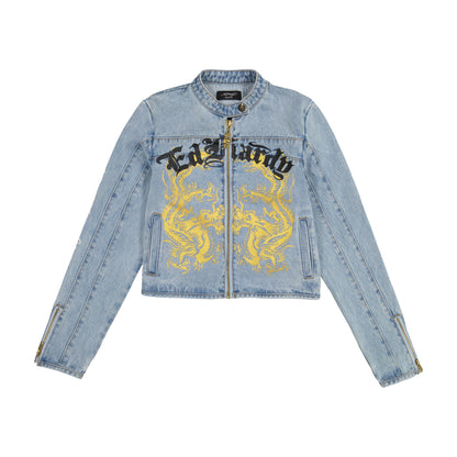 Dragon Panther Denim Moto Jacket MED TINT | Ed Hardy