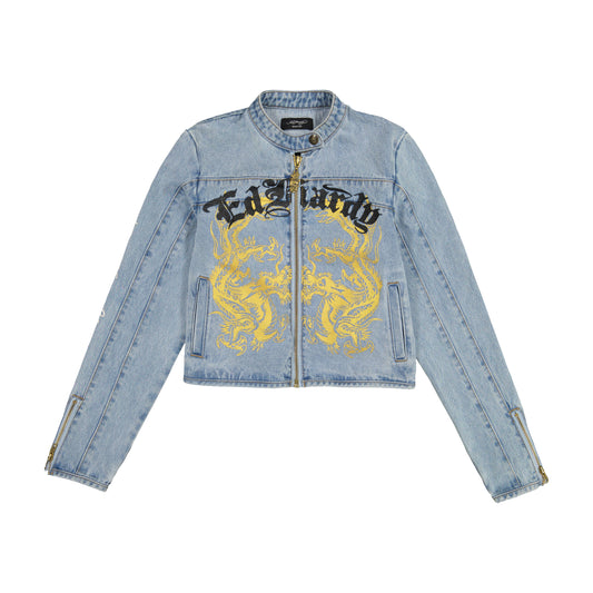 Dragon Panther Denim Moto Jacket MED TINT | Ed Hardy