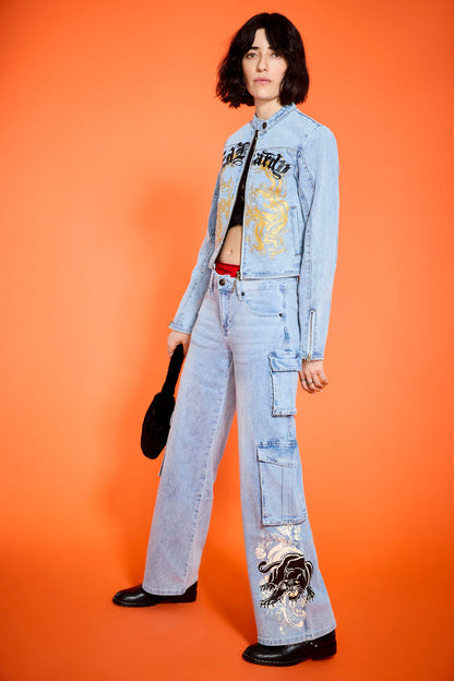 Dragon Panther Denim Moto Jacket MED TINT | Ed Hardy