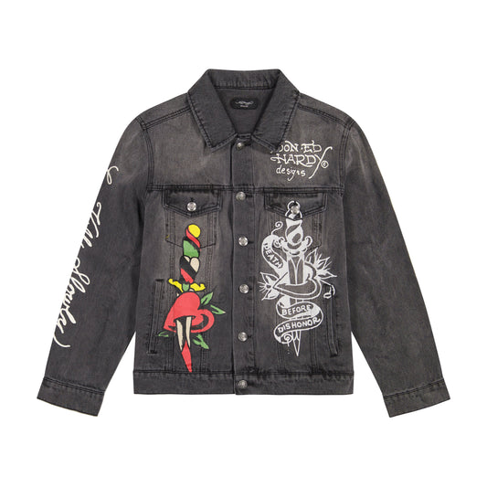 Heart Wings Unisex Trucker jacket DARK GREY | Ed Hardy