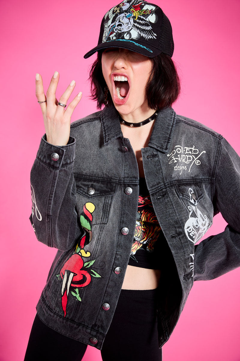 Heart Wings Unisex Trucker jacket DARK GREY | Ed Hardy