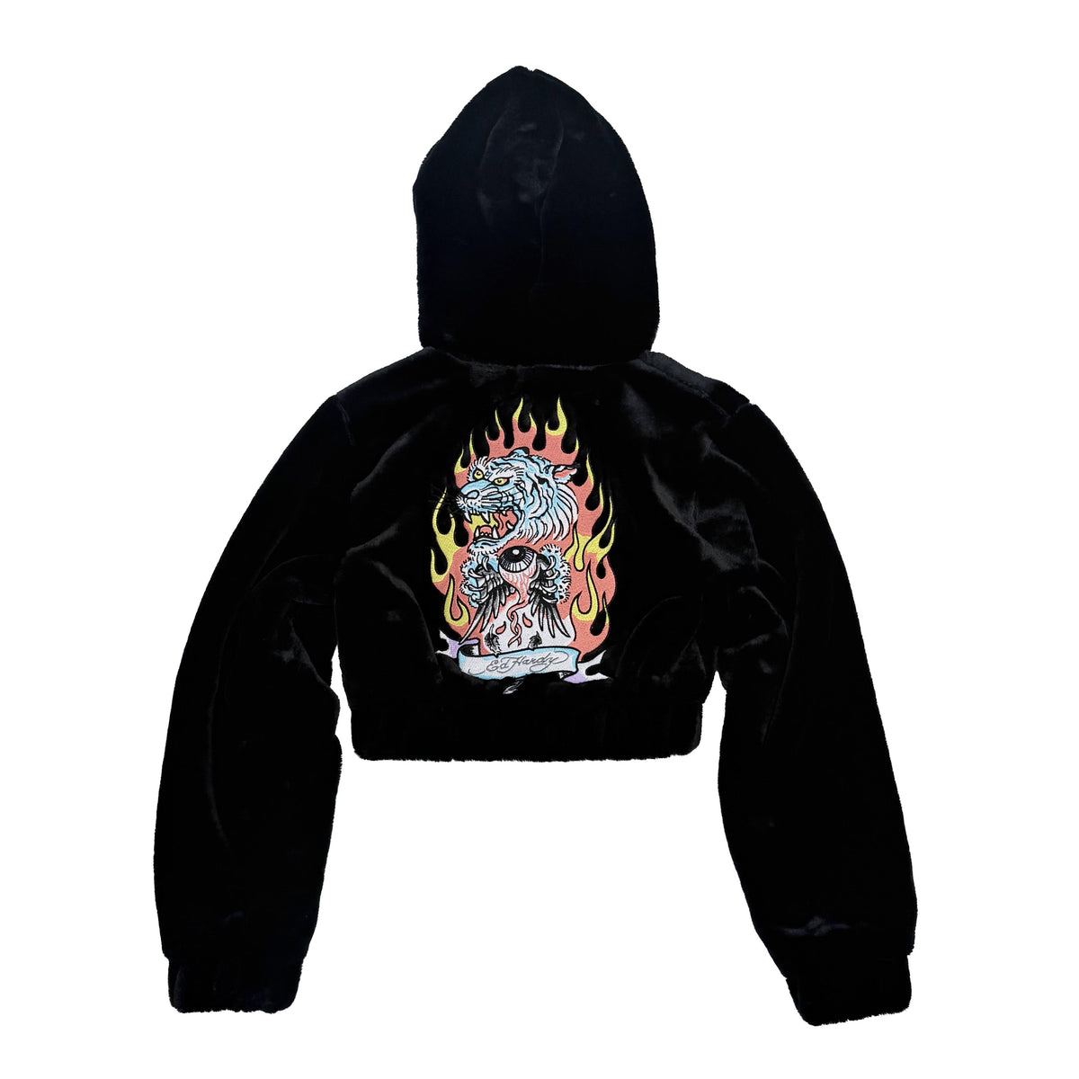 Tiger Flame Faux Fur Hooded Jacket BLACK | Ed Hardy