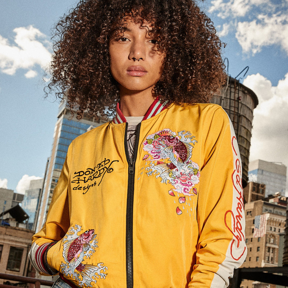 Koi Cranes Souvenir Jacket GOLD WHITE | Ed Hardy