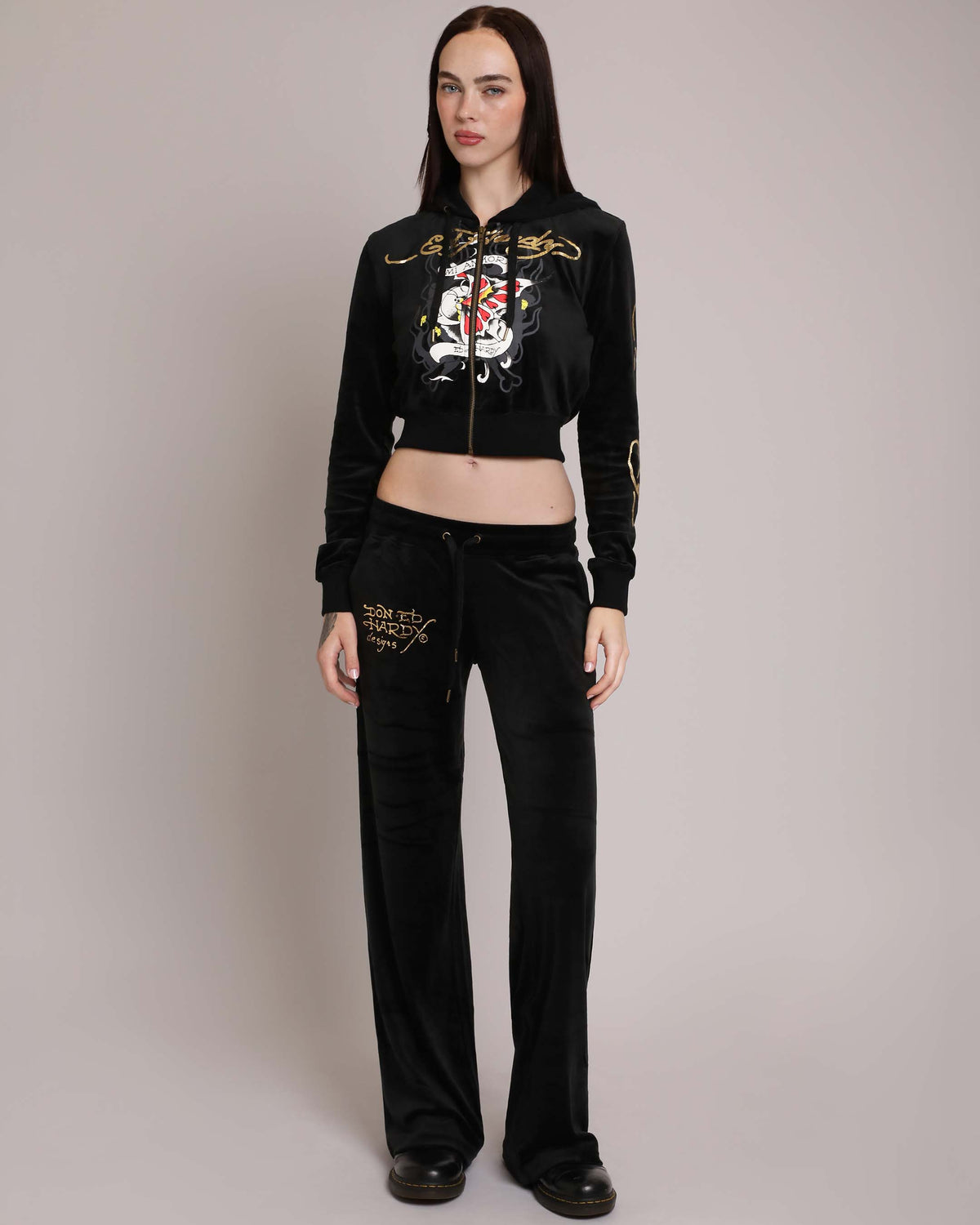 Amor Butterfly Velour Sweatpants BLACK | Ed Hardy