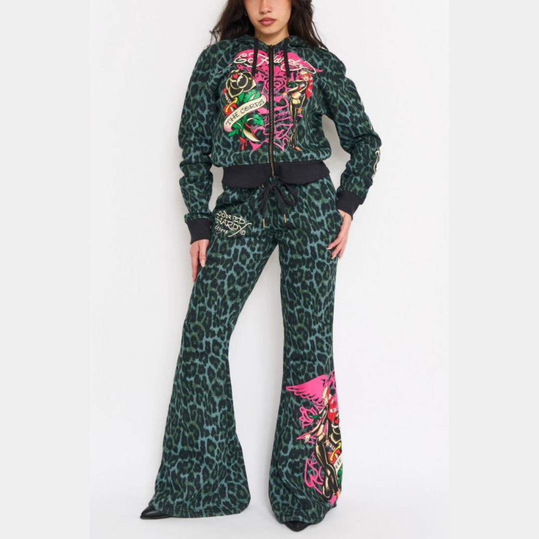 Anchor Rose Boot Cut Sweatpants GREEN LEOPARD | Ed Hardy