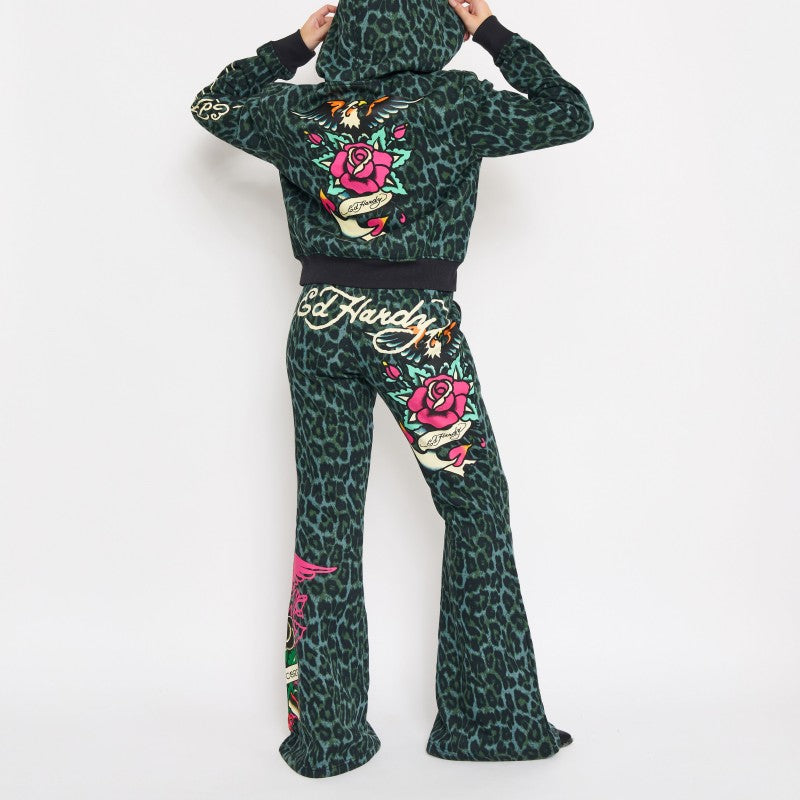 Anchor Rose Boot Cut Sweatpants GREEN LEOPARD | Ed Hardy
