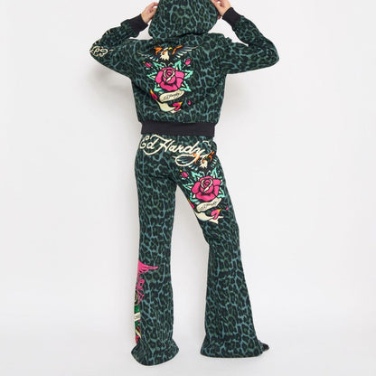Anchor Rose Boot Cut Sweatpants GREEN LEOPARD | Ed Hardy
