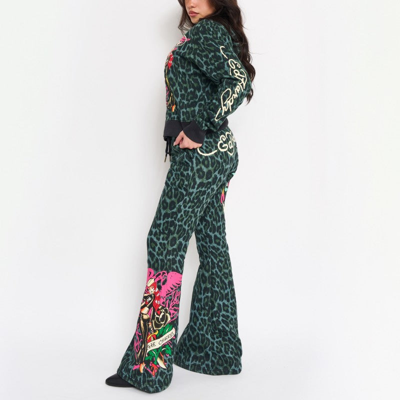 Anchor Rose Boot Cut Sweatpants GREEN LEOPARD | Ed Hardy