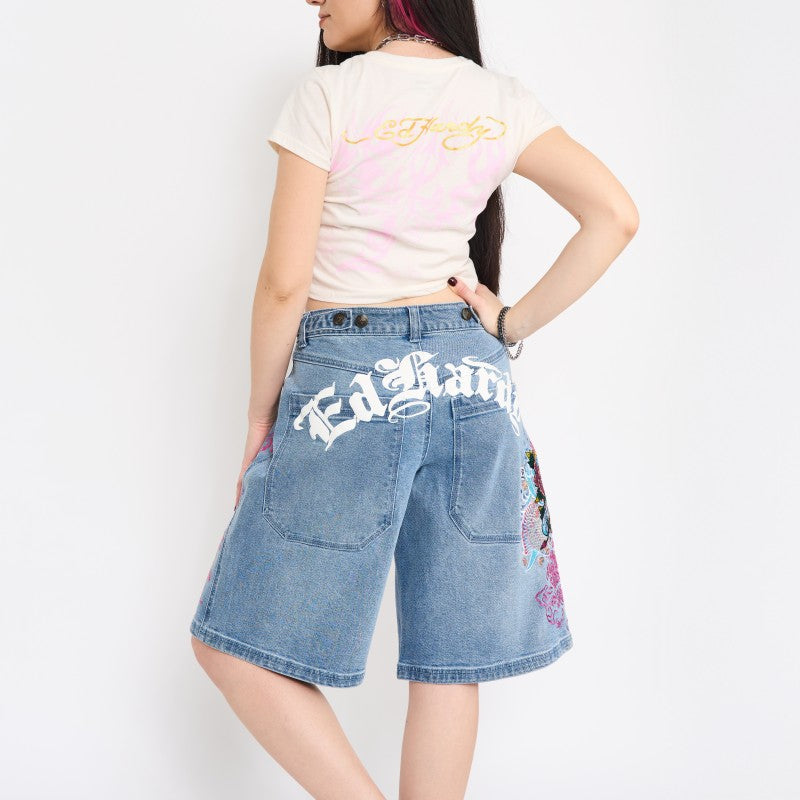 Flower Diamond Embroidered Denim Shorts LT WASH | Ed Hardy