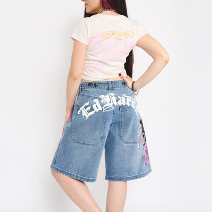 Flower Diamond Embroidered Denim Shorts LT WASH | Ed Hardy