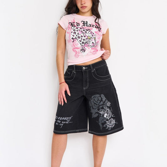 Butterfly Skull Embroidered Denim Shorts Y2K BLACK1 | Ed Hardy