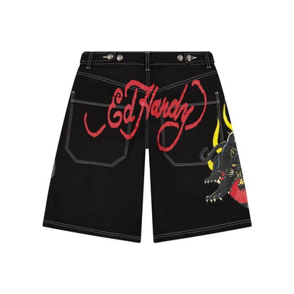 Panther Heart Denim Shorts Y2K BLACK | Ed Hardy
