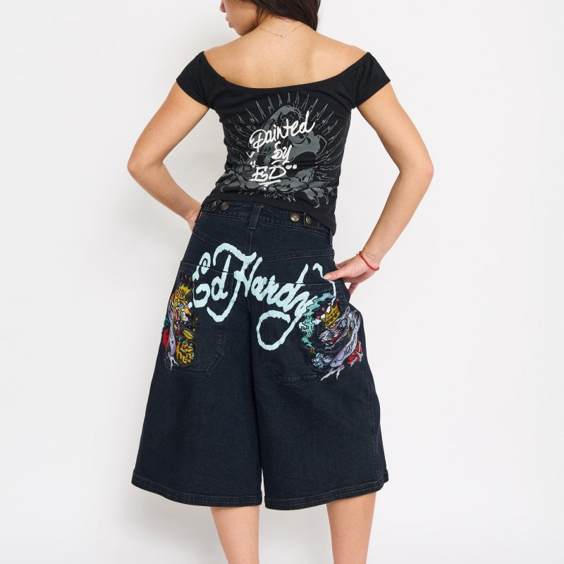 Panther Long Denim Shorts | Women's Y2K Shorts | Ed Hardy DARK WASH | Ed Hardy